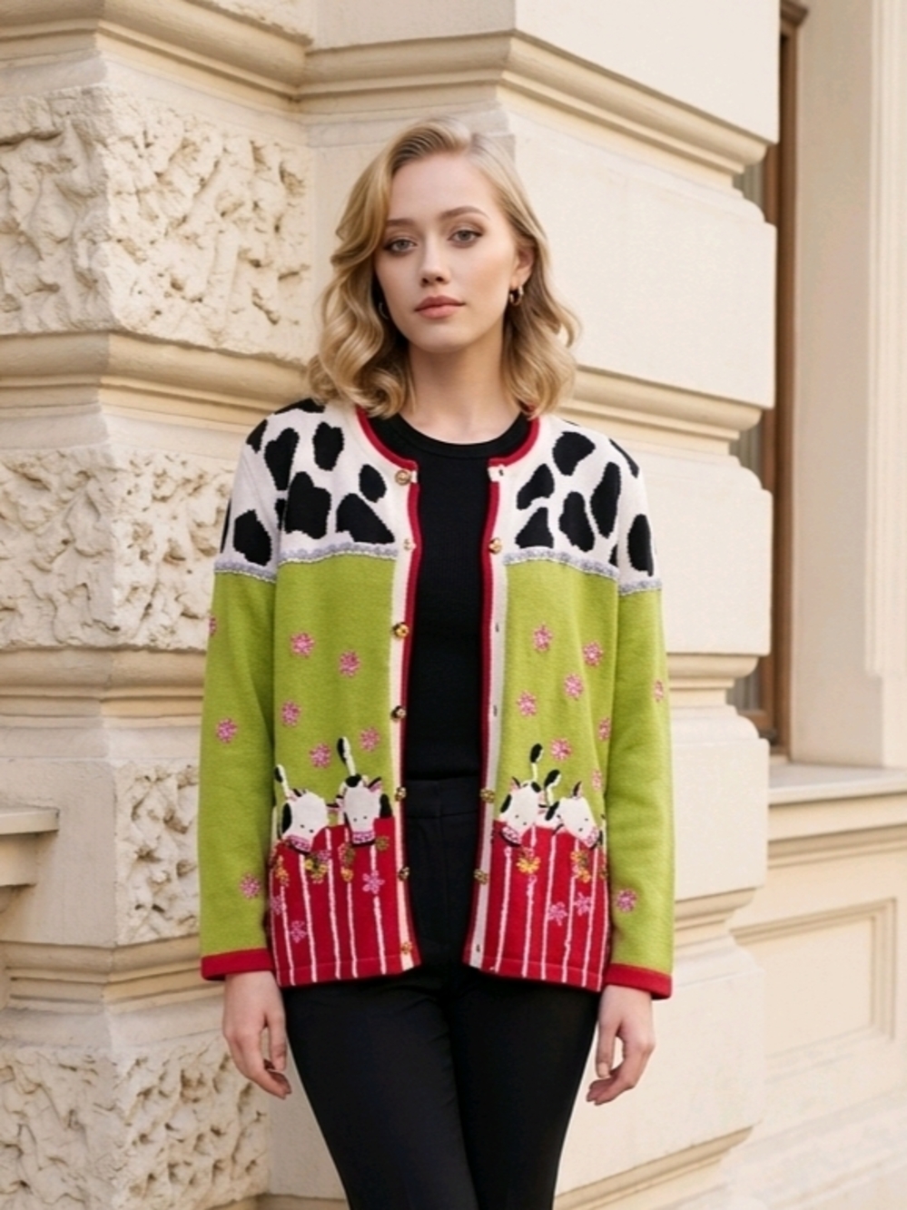 Berek Sweater w/Appliqué black and white cows Green /Red/White/Black EUC